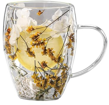 Double Walled Glass Coffee Mug 350ML, Dried Flowers Insulated Glass Coffee Cups with Handle, Flower Glass Tea Cup, Heat Resistant Cappuccino Latte Glasses Gi-fts for Milk, Tea, Hot Cold Beverages