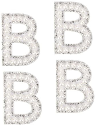 sourcing map 10Pcs Iron on Letters Patches, Letter B Rhinestone Pearl Alphabet Applique English Letter Sew on Patch for DIY Clothing Hat Bags, White