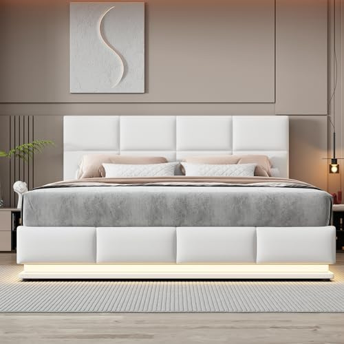 Kebnor Polsterbett 180x200 cm mit LED Beleuchtung & Hydraulisch anhebbarer Bettstauraum,Bettkasten & Lattenrost Bezug aus Kunstleder Doppelbett Erwachsenen Jugendbett(Ohne Matratze) (Weiß)
