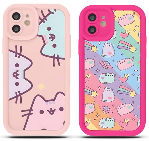 2 Stück Handyhülle für iPhone 14 6.1, Anime Cartoon Cute Katze Pusheen Cat Manga Muster mit Weich TPU Silikon Schutzhülle Kawaii Case Stoßfest Kratzfest Bumper Cover, Regenbogen