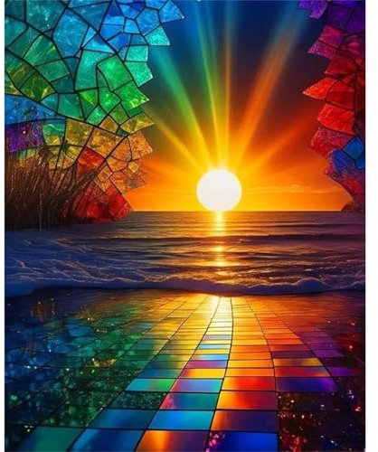 5D Glas-Sonnenuntergang-Meer Diamond Painting Kit,Diamant Painting Bilder für Erwachsene Kinder DIY Full Runder Diamond Art Kristall Strass Kreuzstich Stickerei Malen Geschenke Wand Dekor 50x70cm