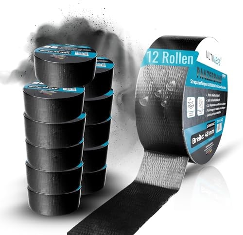 Ultiness® Panzerband schwarz - 48mm x 32m Gewebeband - Klebeband extra stark - wasserdichtes Reparaturband - universelles Gewebeklebeband - Duct Tape leicht abreißbar - Allzweck-Klebeband (12)