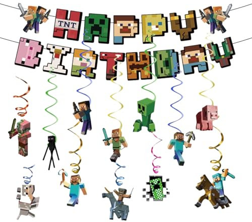 Pixel Geburtstags deko Jungen, Miner Game Luftschlangen Hängende Wirbel, Pixel Geburtstag Banner, party dekorationen mit spiel-Thema, Spiel Partyzubehör für Fans Kinder Jungen