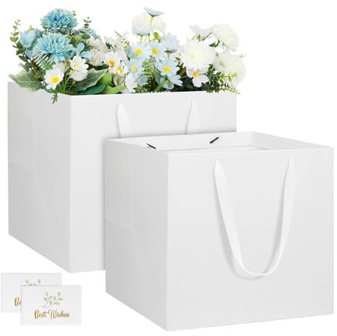 NAHRMY 2 PCS Large Gift Bags with Cards, Square White Gift Paper Bag 25 x 25 x 25 cm for Presents Bouquets Flower Wedding Cake Graduation Birthday Party