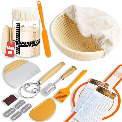Sourdough Bread Baking Supplies, Sourdough Starter Jar, Handmade Eco-friendly Banneton Bread Proofing Basket, Sourdough Starter Kit, Bread Making Supplies Tools (orange, 15pcs)