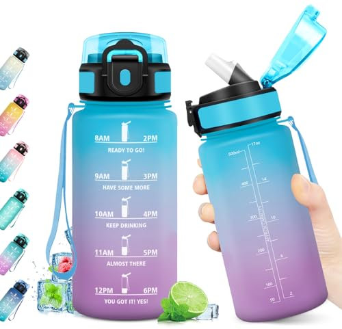 Botella Agua 500ml, Cantimplora con Marca de Tiempo, Botella con Pajita, Reutilizable y sin BPA, Botella Gimnasio, Botella Motivacional para Gimnasio, Escuela, Oficina, Cámping, Running, Bicicleta