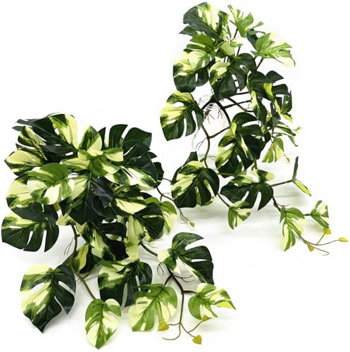 Fake Plants Hanging Small Faux Potted Ivy Vine Artificial Monstera Mini Faux Tropical Plants Greenery for Bathroom Office Table Pot Indoor Outdoor Decor Windowsill Shelf DIY Decoration - White 2 Pack