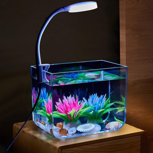 Aptliton Aquarium, transparentes Aquarium mit Clip-Lampe, kleines Desktop-Fisch-Aquarium-Set, dekorativ für Betta-Fische, Garnelen, Goldfische im Wohnzimmer, Büro (12,5 x 7,5 x 10,5 cm)