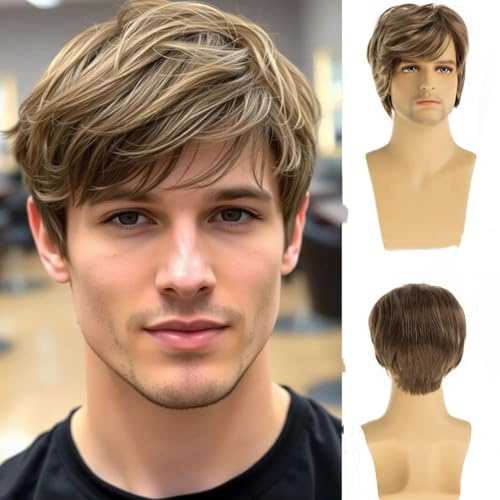 Dsimeig Herren Braun Blonde Perücke Kurzschichtige gerade Cosplay synthetische Haarperücke