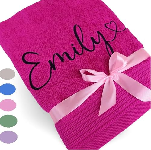 Wuff-Dogsworld Personalisiertes Handtuch mit Namen & Herz Bestickt, für Kinder & Erwachsene, 100% Baumwolle, Geschenk zum Geburtstag, Einschulung, Taufe (pink, 50x100)
