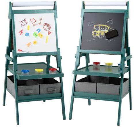Homasis 3-in-1 Kindertafel aus Holz mit Stauraum, Kunstpferd mit Whiteboard, Kreidetafel und Papierrolle, für Kinder von 3-6 Jahren (grün)