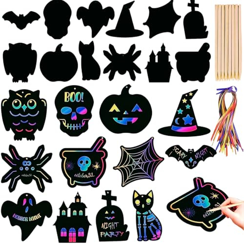 ZexJpr Halloween Basteln Kinder, Kratzbilder Für Kinder, 60 Stück Set Mit 24 Lesezeichen, 24 Bändern Und 12 Bambusstiften, Familienaktivitäten Und Kreative Dekoration, Halloween Basteln