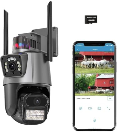 lvssiao WLAN Überwachungskamera Aussen mit Dual-Objektive, 6 MP PTZ Outdoor WLAN IP Kamera Überwachung Außen mit Dual-Objektive 64 G SD-Karte Farb-Nachtsicht Intelligent Tracking Zwei-Wege-Audio,IP66