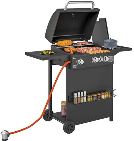 Outsunny Barbacoa de Gas BBQ Gas 3+1 Quemadores 8,5 kW Portátil Negro | Mesa Lateral, Parrilla, Termómetro, 2 Ruedas, Recogedor de Grasa, para Exterior Jardín Camping