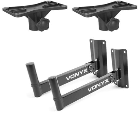 Vonyx WMS-02 Lautsprecher Wandhalterung - 2er Set - Verstellbare Boxenhalterung Wand bis 25kg - 35mm Flansch & Tophat Adapter - Speaker Wall Mount für PA, Studio & Gastro - Schwarz Metall