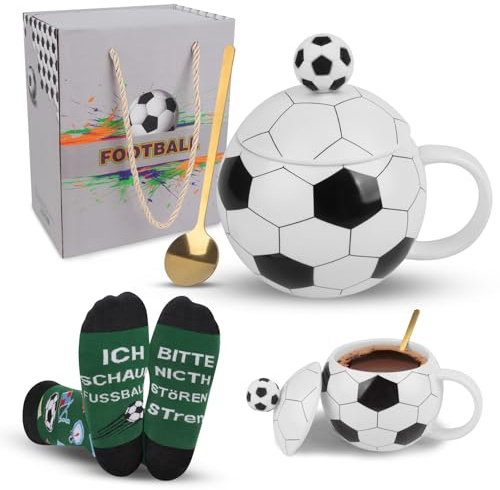Fußball Kaffeetasse, Fussball Keramik Becher mit Lustige Socken Herren, Fußballform Cappuccino Tassen mit Deckel, Originelle Fan Tasse für Vatertag, Papa Geburtstag & Weihnachten(Fußball)