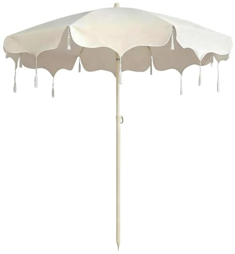 XOBRJQZ Parasol de Terrasse Inclinable Blanc Bohême Ø200 cm avec Franges, Parasol de Jardin 8 Baleines Imperméable UPF 30+, pour Jardin, Piscine, Cour