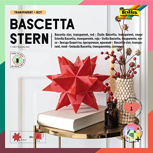 folia 820/1515 - Bastelset Bascetta Stern, Transparent rot, 15 x 15 cm, 32 Blatt, fertige Größe des Papiersterns ca. 20 cm, mit ausführlicher Anleitung - ideal zur zeitlosen Dekoration