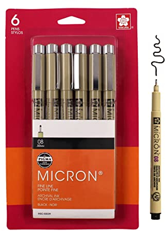 Sakura Pigma Micron Tintenstift-Set, Schwarz, 08 6CT`
