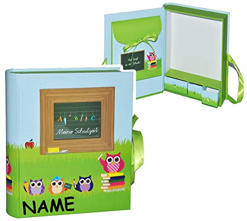 Ordner/Sammelbox Eulen - Meine Schulzeit - incl. Name - mit Fächern - Groß zum Aufbewahren von Erinnerungen - z.B. Fotos/Fotobuch/Zeugnisse Schuljah..