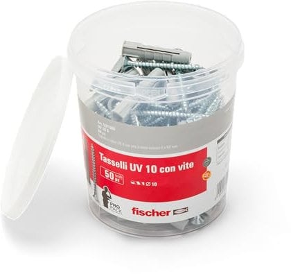 Fischer UV 10 S, Secchiello con 50 Tasselli con Vite, Misura 10 x50 mm, 50 Tasselli + 50 Viti, Idonei per Mattoni Pieni e Forati, 531388