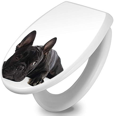 banjado Toilettendeckel mit Absenkautomatik 44,5x37cm / WC Sitz mit Absenkautomatik/Toilettensitz Duroplast mit Edelstahl Scharnieren/Klodeckel mit Absenkautomatik Motiv Bulldogge