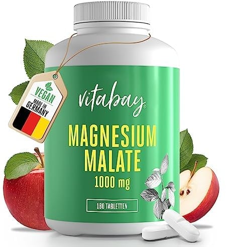 Vitabay Magnesium Malat 1000mg Hochdosiert - 180 Tabletten Vegan & Laborgeprüft - Magnesium Hochdosiert Kapseln - Trägt zu einem normalen Energiestoffwechsel und einer normalen Muskelfunktion bei