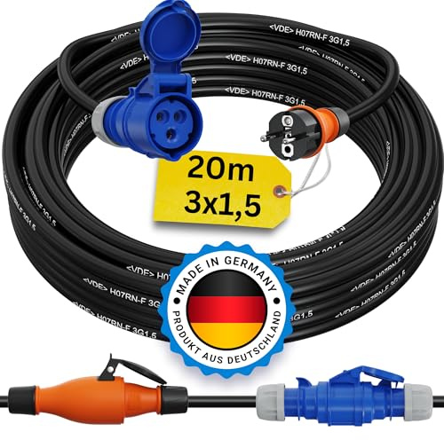 Schuko auf CEE Adapter 20m Camping Stromkabel PCE H07RN-F 3x1,5 Landstromkabel Wohnmobil Wohnwagen Kabel Camping Adapter 20 Meter Strom Verlängerungskabel CEE-Stecker Campingstecker
