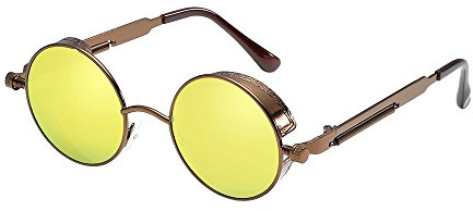 BOZEVON Punk Rond Lunettes de soleil - Classique Métal Cyclisme Retro Lunettes de soleil pour les femmes Hommes Cuivre-Jaune