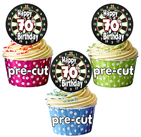 Vorgeschnittene Dartscheiben-Dekoration zum 70. Geburtstag, essbar, für Cupcakes, Kuchen, 12 Stück
