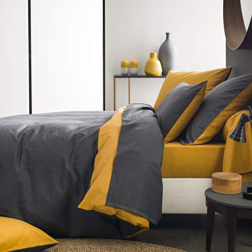 Housse de Couette Bicolore en Bambou, 240 x 220 cm, Écorce, Carbone/Moutarde