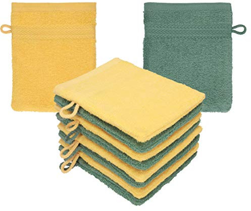 Betz Lot de 10 Gants de Toilette Premium 100% Coton Taille 16x21 cm Jaune Miel - Vert Sapin
