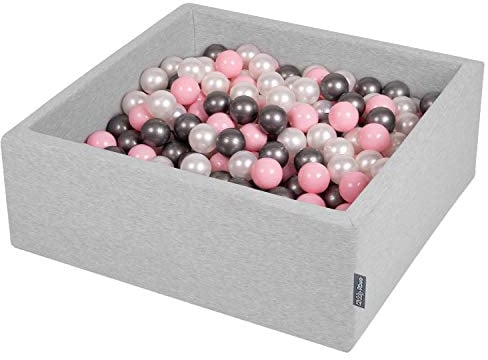 KiddyMoon Bällebad 90X30cm/300 Bälle ∅ 7Cm Bällepool Mit Bunten Bällen Für Babys Kinder Quadrat, Hellgrau:Perle/Puderrosa/Silbern