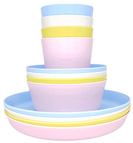 Bloomsworld Toddler Dining Set, 4 Plastic Cups, Bowls and Plates, Reusable, BPA Free, Kids Picnic and Party Tableware for Boys and Girls - Pastel
