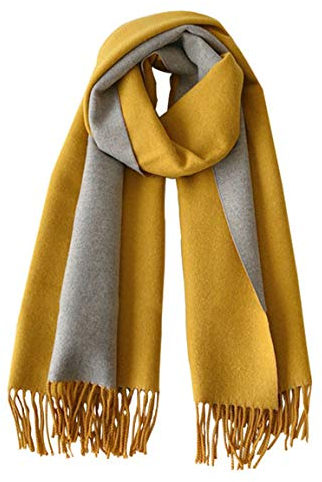 CLELLA Schal Damen Warm Herbst Doppelseite Baumwolle mit Quasten Weiche Großer Deckenschal Mehrweg (gelb+grau)