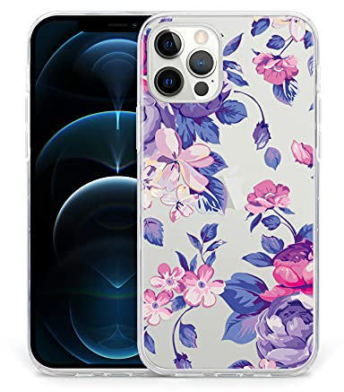 Sephonie Flower Case for iPhone 12 Pro Max (6.7 Inch), Floral Pattern Clear Slim Fit Girly Design, Shockproof Protective Hard PC Back with Soft TPU Bumper Phone Cover for Girls and Women | Blue