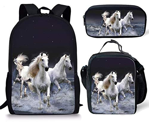 Binienty Schul-Büchertaschen-Set, 3-in-1, Rucksack mit Doppelreißverschluss, Lunchbox und Federmäppchen für Kinder, Jungen und Mädchen, Weißes Pferd (Mehrfarbig) - CGK