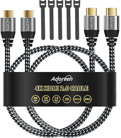 Lot de 2 câbles HDMI 4K tressés haut débit 18 Gbit/s 4K @ 60 Hz, 2K, 1080p, ARC HDR HDCP 3D, robuste, flexible, démêlé et texture suprême, compatible avec moniteur, UHD, TV, PC, PS5, Xbox + 5 attaches