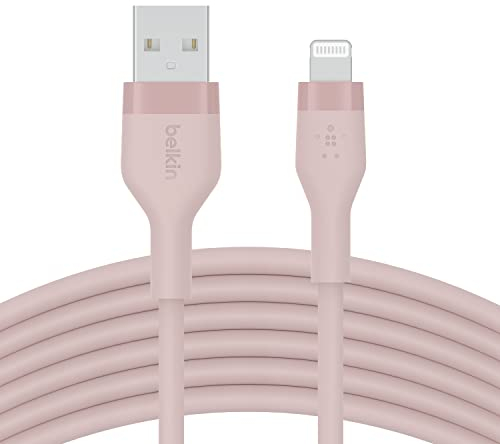 Belkin Câble USB-A vers Lightning BoostCharge Flex en silicone (3 m), certifié MFi, pour iPhone 13, 12, 11, Pro, Max, mini, SE, iPad, etc. (rose)