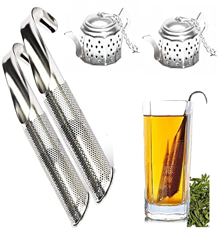 4 Pack Stainless Steel Tea Strainer, Tea Diffuser for Loose Tea, 2 Pack Long Handle Stick Pipe Tea Infuser and 2 Pack Tea Ball Strainer Fine Mesh Filters for Loose Tea, Rose, Coffee, Spices