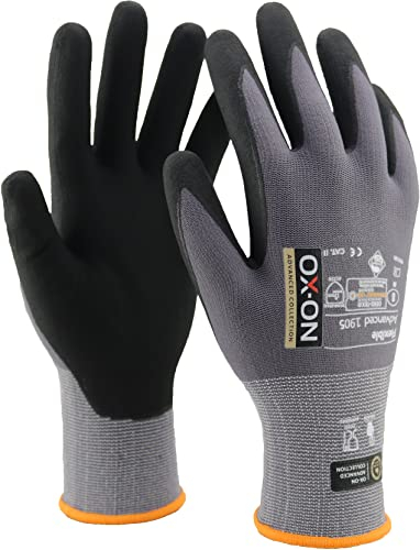 OX-ON Flexible Advanced 1905 Grey Work Gloves, Extremely Durable Safety Gloves, Secure & Precise Grip, Protective & Comfortable Nitrile Gloves, Phone Touch, Breathable Mechanic Gloves - 6pc, Size 8/M