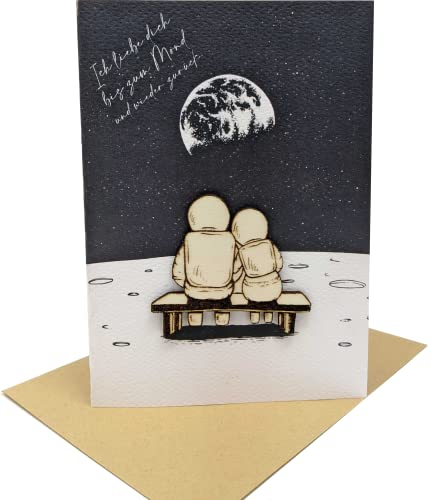 Besondere Liebes-Grußkarte mit Holzelement - Ich liebe dich bis zum Mond und wieder zurück - für Eltern, Kinder, Partner, Ehepartner, Freunde