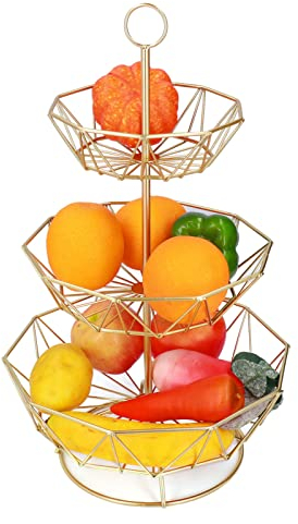 Fruteros de cocina, Cesta de Frutas Metal, frutero desmontable de 3 niveles, bandeja de almacenamiento de aperitivos hexagonales, decoración dorada para el hogar para sala de estar