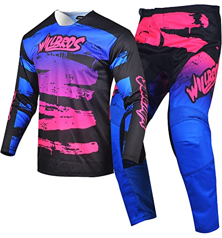 Willbros Combinazione di Pantaloni in Jersey da Motocross Uomini Donne Motociclo MX Ciclismo Fuori Strada Bicicletta Sporca Adulta Cavalcare BMX ATV Blu Rosa (Jersey L Pantaloni 34)