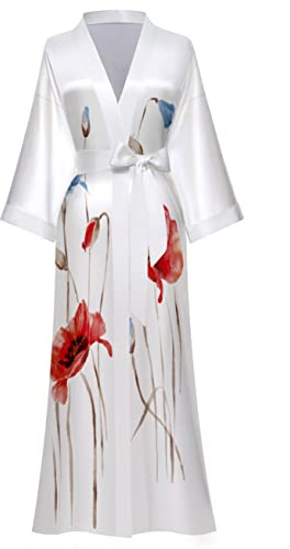EORUBE Long Kimono Robe Women Cover Up Print Floral | Satin Sleepwear Silky Bathrobe Bachelorette Robe (Beige - Lotus)