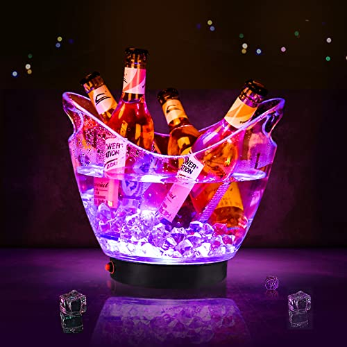 Warepro Seau à glace LED 5 L transparent PS + ABS - Seau à glace LED RVB changeant de couleurs - Alimentation par 2 piles AA - Changement de couleurs pour fête/maison/bar/clubs de karaoké