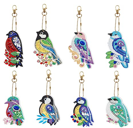 8 Pcs Porte-Clés de Peinture Diamant 5D,Bricolage Porte Clé en Forme d'oiseau avec Kit d'art Complet en Diamant,Pendentif Keychain en Diamant Mosaïque,Artisanat d'art,Portefeuille,Téléphone,Sac