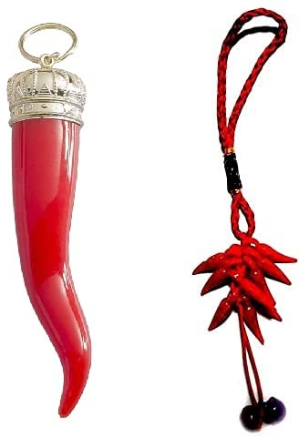BLUSUPERSHOP 2 Schlüsselanhänger Horn Kunststoff Glücksbringer 14 cm echt groß - Italian Lucky Horn + 1 Schlüsselanhänger Chilischoten Horn Amulett Horn Amulett Horn Lucky Bucky Neapolitanischer Scio,