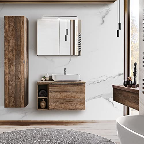 Lomadox Komplett Badezimmer Set in Vintage Oak Eiche, Keramik-Waschtisch mit Unterschrank, Regal, LED-Spiegelschrank & Hochschrank