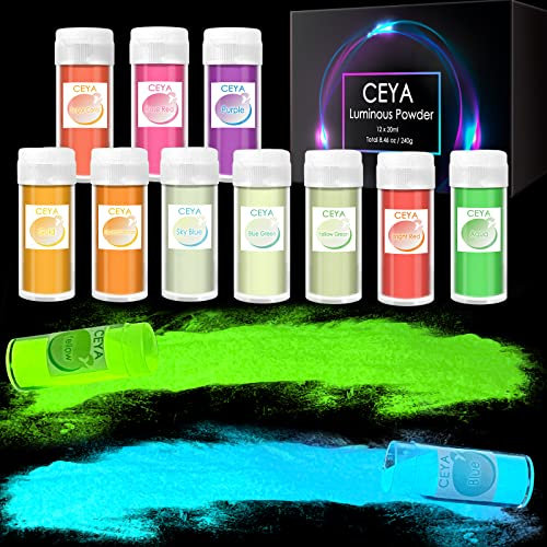 Ceya Glow Powder Set 12 Colors, 8.46oz/ 240g Glow in The Dark Pigment Powders, Luminous Powder Resin Color Pigment, Fluorescent Pigment Dye for Epoxy Resin Slime Acrylic Paint Nail Art Party DIY Craft